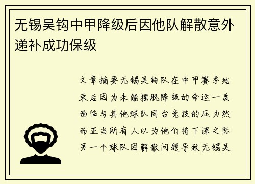 无锡吴钩中甲降级后因他队解散意外递补成功保级